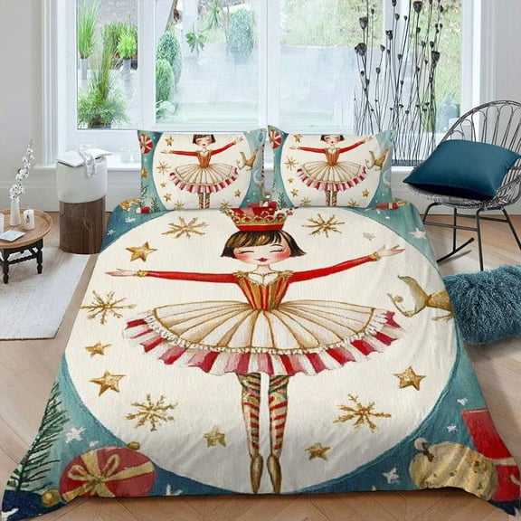 Pratyus Nutcracker Ballerina Whimsical 3-Piece Bedding Set Modern Bedroom Decor Breathable Soft Comfort All Seasons, Peach Skin Fabric, Queen Size 87x68in