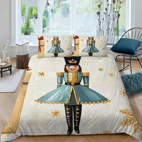 Pratyus Nutcracker Soldier Christmas Card 3-Piece Bedding Set Modern Soft Microfiber Bedroom Decor Easy to Clean 87x68in
