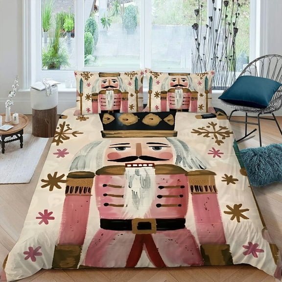 Pratyus Nutcracker Soldier Folk Art 3-Piece Bedding Set Lightweight and Soft Christmas Theme Peach Skin Velvet Bedroom Guest Room 87x68in