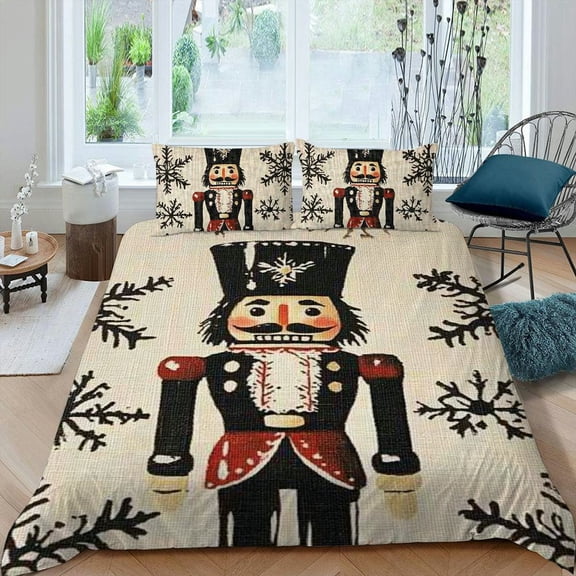 Pratyus Nutcracker Soldier Snowflake 3-Piece Bedding Set Modern Soft Microfiber Bedroom Decor (1 Duvet Cover + 2 Pillow Shams) Christmas Theme 87x68in