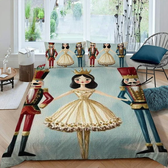 Pratyus Nutcrackers Princess Prince 3-Piece Bedding Set Modern Soft Microfiber Bedroom Decor Easy to Clean, Christmas Peach Skin Velvet, Bedroom Guest Room 87x68in