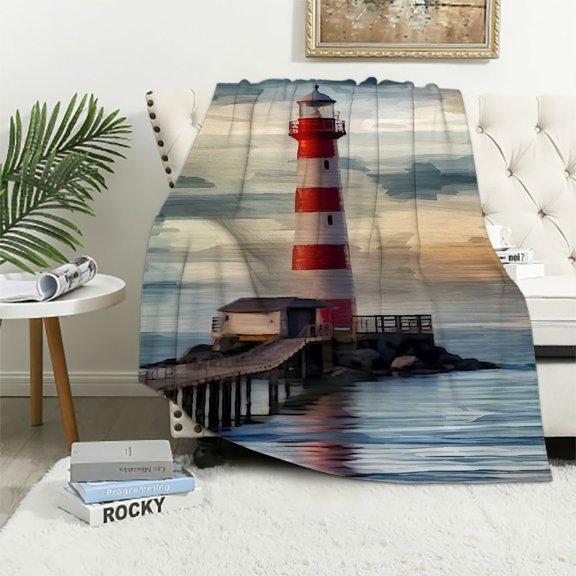 Pratyus Ocean Boat Lighthouse Print Flannel Throw Blanket | All Seasons Bed Sofa Decor | Lightweight & Durable Blanket for Home 40x50in