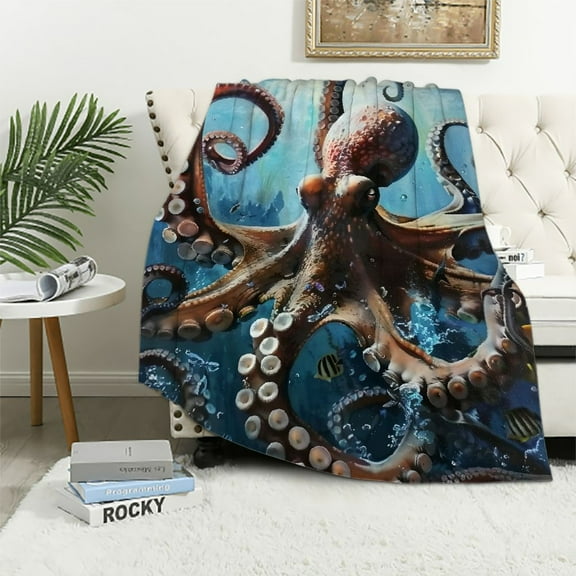 Pratyus Octopus Fish Ocean Print Flannel Throw Blanket for Bed Sofa Living Room Decor Lightweight All Seasons Blanket 40x50in