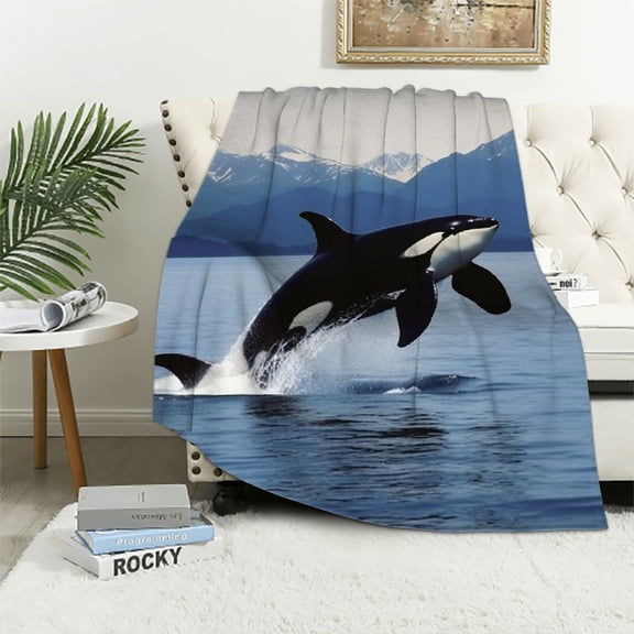 Pratyus Orca Snow Capped Mountains Wildlife Photography Flannel Throw Blanket for Sofa Couch Cozy Outdoor Travel Summer Desk Chair Long-Lasting All Seasons Blanket 40x50in