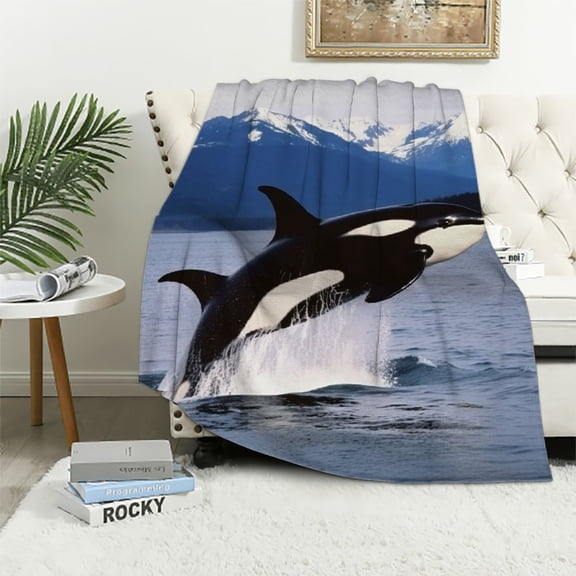 Pratyus Orca Snow Capped Mountains Wildlife Photography Throw Blanket for Sofa Couch Cozy Flannel Travel Outdoor Blanket All Seasons Bed Desk Chair Summer Work Blanket 60x80in