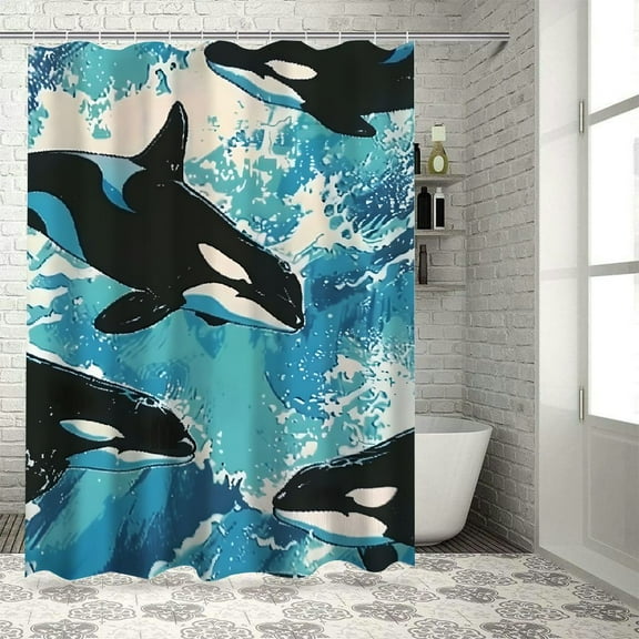 Pratyus Orca Whales Ocean Waves Modern Waterproof Shower Curtain Set for Country Cottage & Farmhouse Bathroom Decor with Hooks 60x72