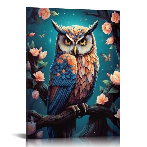Pratyus Owl Branch Flowers Canvas Print Home Decoration Wall Art for Living Room Bedroom Office, Perfect Gift Ideas for Home Decor 12x16in