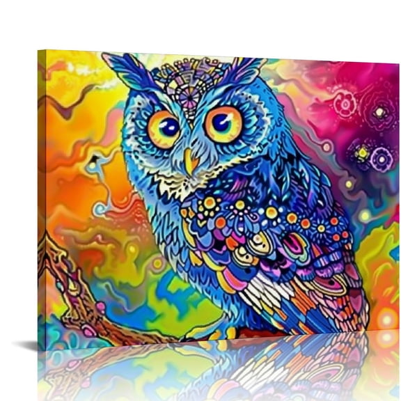 Pratyus Owl Branch Psychedelic Art Canvas Print Home Wall Decor for Bedroom Kitchen Office | Ideal Gift for Home, Anniversary, Christmas | Ready to Hang Artwork 16x12in