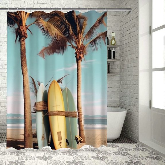 Pratyus Palm Tree Beach Surfboards Quick-Drying Bathroom Shower Curtain Set with Hooks 36x72