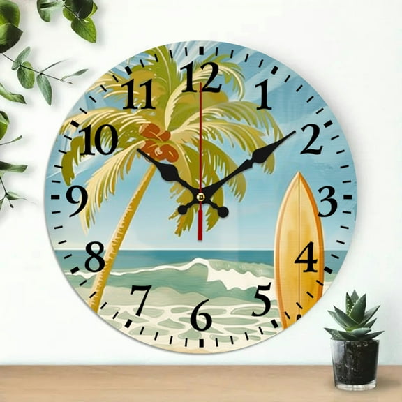 Pratyus Palm Tree Surfboard Beach Wall Clock Wall Art Decor 10 Inches Decorative Silent Clock for Living Room Bedroom Kitchen Bathroom Office 10x10in