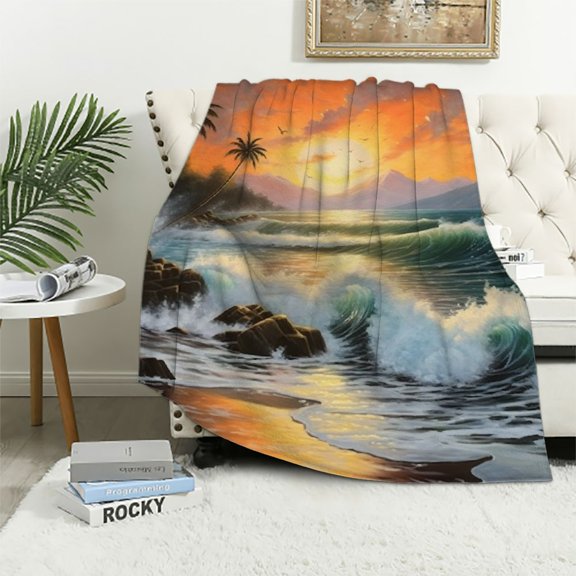 Pratyus Palm Tree Waves Sunset Flannel Throw Blanket for Bed Couch Sofa Chair All Seasons Soft Plush Blankets 40x50in
