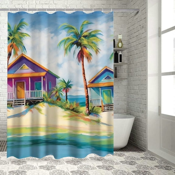 Pratyus Palm Trees Beach House Shower Curtain Waterproof Bath Curtain Kids Bathroom Decor with Hooks 100% Polyester Fiber Chic Modern Bathroom Decor 36"x72