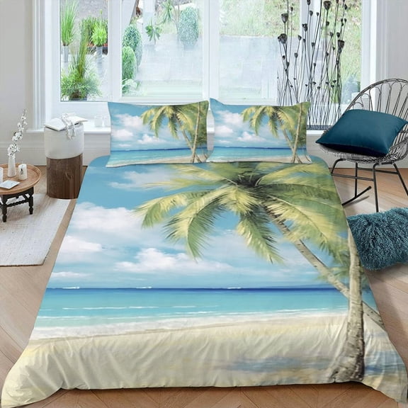 Pratyus Palm Trees Ocean Blue Sky 3-Piece Bedding Set, Peach Skin Fabric, Zipper Closure, Bedroom Guest Room Decor, Machine Washable 87x68in