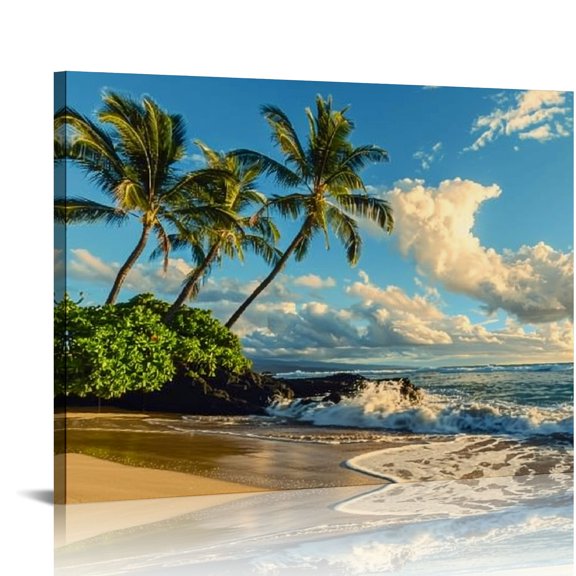 Pratyus Palm Trees Waves Canvas Wall Art Print - Home Room Decor, Ready to Hang, Ideal Gift Choice 16x12in