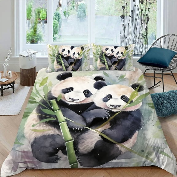 Pratyus Panda Bears Bamboo Stick 3-Piece Bedding Set (Single-Sided Print) Easy to Clean and Care for Peach Skin Velvet Bedroom Guest Room 87x68in