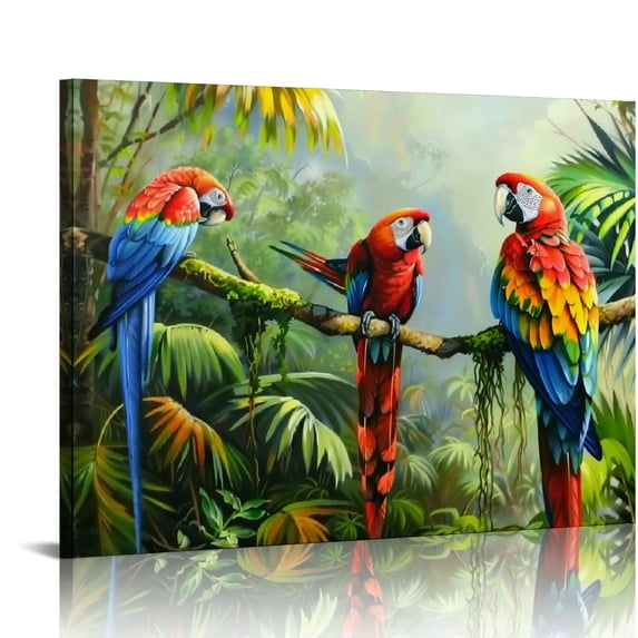Pratyus Parrots Tropical Forest Canvas Print Wall Art Decor for Home Living Room Bedroom Office Hotel Salon Bar Decoration 20x16in