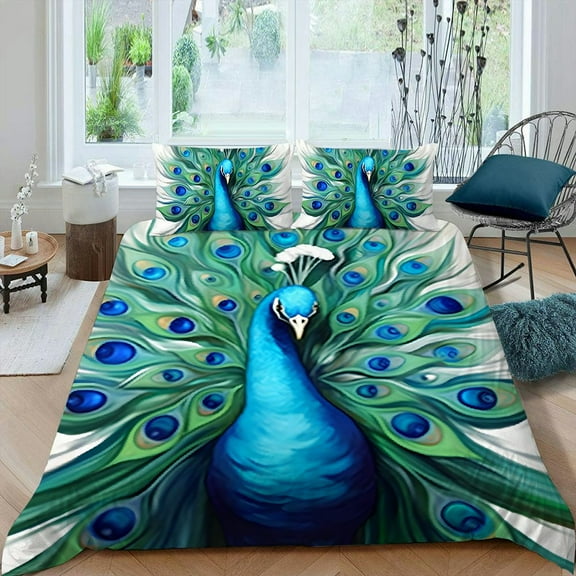 Pratyus Peacock Feathers 3-Piece Bedding Set (Single-Sided Print) Easy to Clean and Care for Peach Skin Velvet Bedroom Guest Room 87x68in