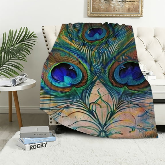 Pratyus Peacock Feathers Blue Eye Vibrant Print Throw Blanket Flannel Hand/Machine Wash Lightweight Blanket for All Seasons 40x50in