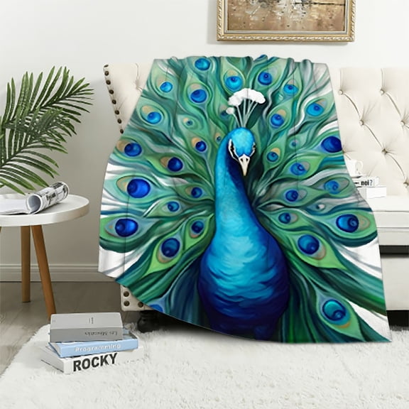 Pratyus Peacock Feathers Flannel Throw Blanket for Couch Sofa Bed Office Travel Camping School - Lightweight Soft Blanket for All Seasons - 3 Sizes Available 50x60in