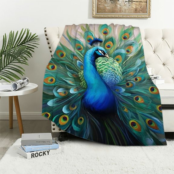 Pratyus Peacock Feathers Soft Cozy Printed Blanket & Throw Lightweight for All Seasons - Luxurious Flannel Material Perfect for Travel and Home Use 40x50in