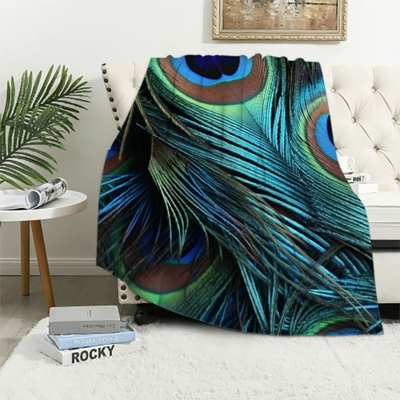 Pratyus Peacock Feathers Soft Cozy Printed Blanket & Throw for All Seasons - Excellent Hand Feel Lightweight Anti-Wrinkle Flannel Blanket Gifts 60x80in