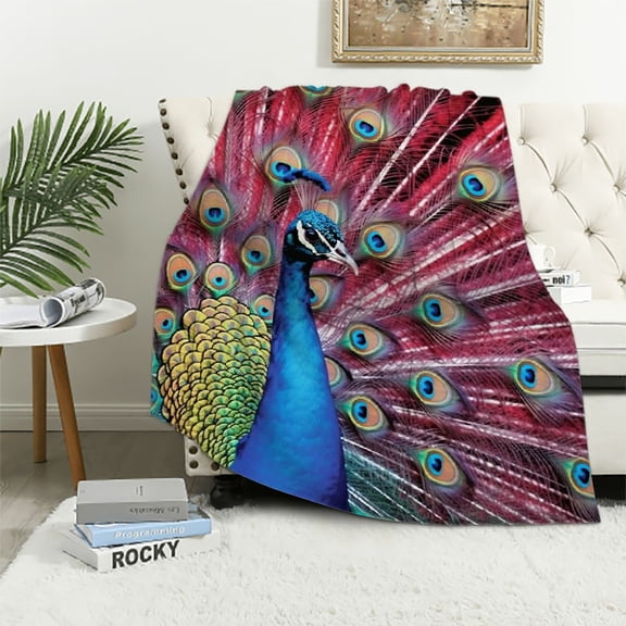 Pratyus Peacock Feathers Throw Blanket Soft Cozy Plush All Seasons Gift for Women Children - Multi-functional Bed Cover Wall Decoration Towel - Machine Washable - Perfect Holiday Gift 40x50in
