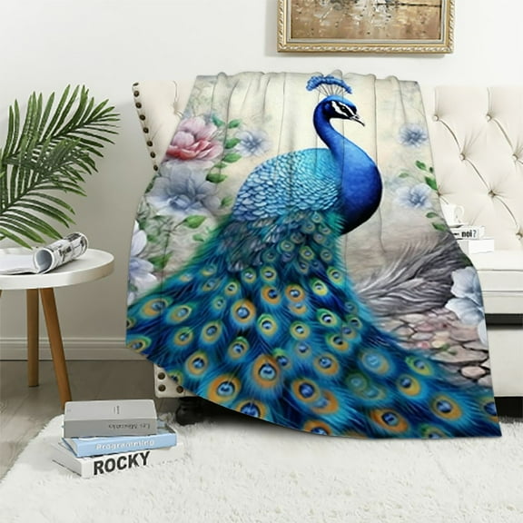 Pratyus Peacock Flowers Leaves Soft Cozy Printed Blanket & Throw for All Seasons, Lightweight Plush Blanket 50x60in
