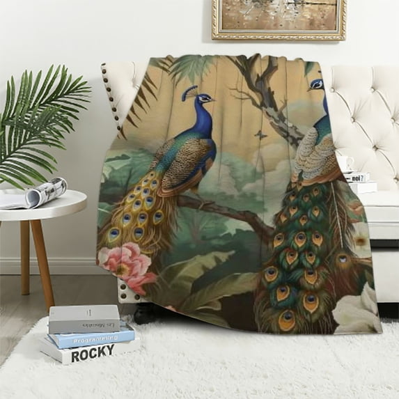 Pratyus Peacocks Tropical Setting Flowers Print Throw Blanket All Seasons Lightweight Soft Blanket Kids Boys Gift Cozy Hand Feel 60x80in