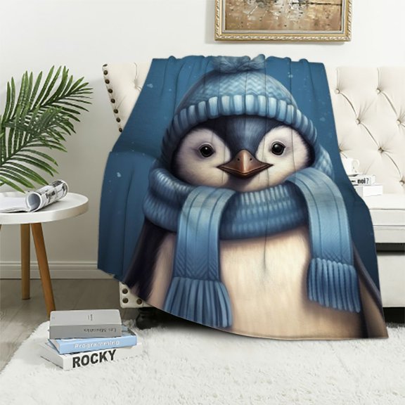 Pratyus Penguin Print Throw Blanket Lightweight Flannel for All Seasons, Anti-Pilling & Anti-Wrinkle 50x60in