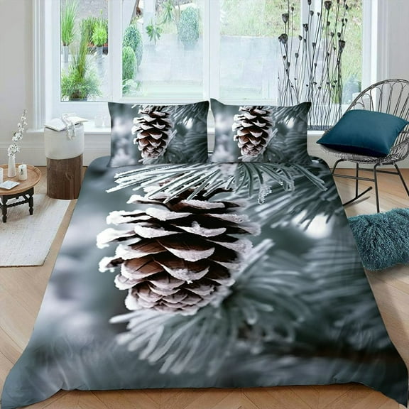 Pratyus Pine Cone Pine Tree Branch Snow 3-Piece Bedding Set, High-Quality Soft Peach Skin Velvet, Bedroom Guest Room Decor, Full Size, Modern Design 87x68in