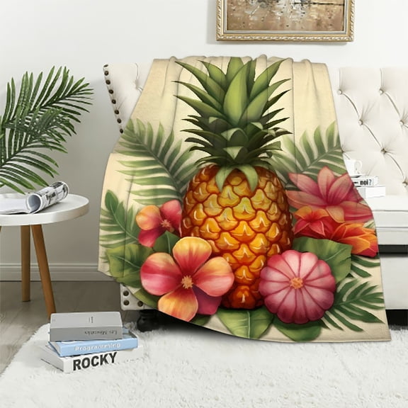 Pratyus Pineapple Fruit Slice Leaves and Flowers Print Throw Blanket for Bed Sofa Living Room Decor, All Seasons Long-Lasting Lightweight Blanket 40x50in