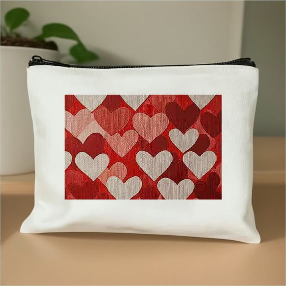 Pratyus Pink Love Heart Pattern Canvas Tote Bag Cosmetic Bag for Women Friends Travel Essentials Ladies Accessories White