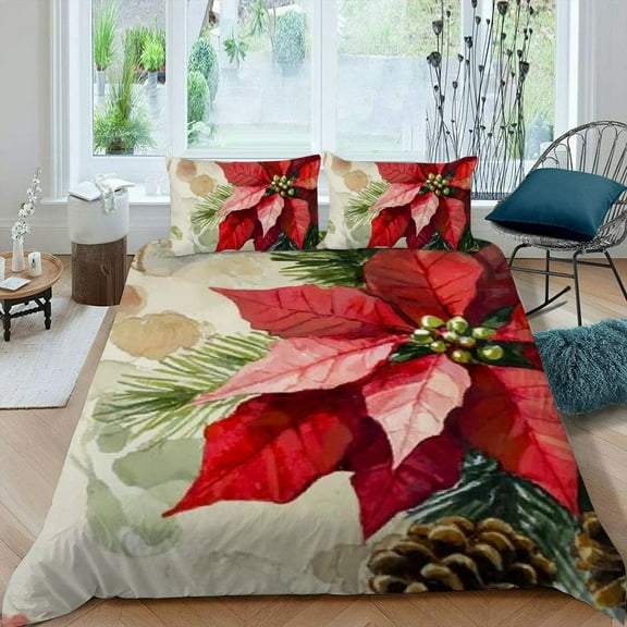 Pratyus Poinsettia Pine Cones Floral 3-Piece Bedding Set Modern Style High Quality Sleep Bedroom Decor 87x68in