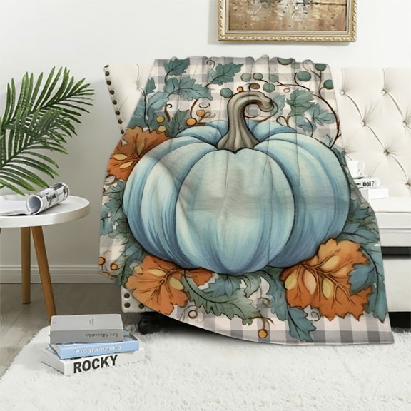 Pratyus Pumpkin Leaves Vines Flannel Throw Blanket for All Seasons - Soft Plush Blanket for Bed, Couch, Chair - Thanksgiving Theme 40x50in