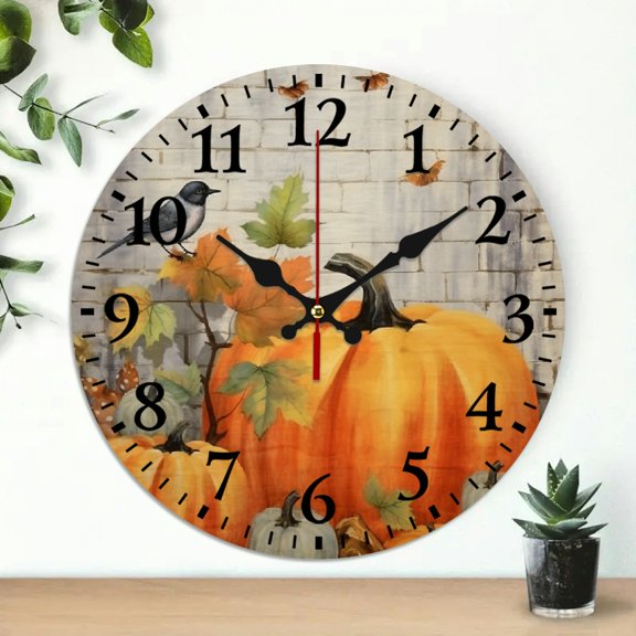 Pratyus Pumpkins Bird Brick Wall Theme 10 Inch Round Wooden Wall Clock for Home Decor, Perfect for Living Rooms, Kitchens, Dorms 10x10in