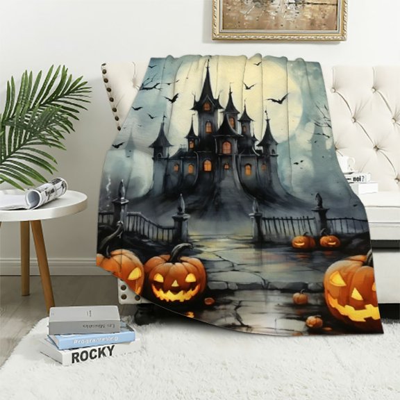 Pratyus Pumpkins Castle Bats Halloween Flannel Throw Blanket for Bed Couch Sofa All Seasons Soft Plush Blanket 40x50in