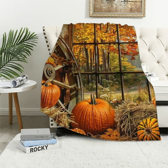 Pratyus Pumpkins Hay Bales Wheel Thanksgiving Throw Blanket Flannel for All Seasons Super Soft Blanket 40x50in