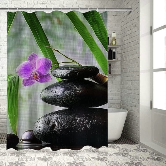Pratyus Purple Flower Bamboo Plant Rocks Shower Curtain for Bathroom Decor 100% Polyester Washable with Hooks 36"x72
