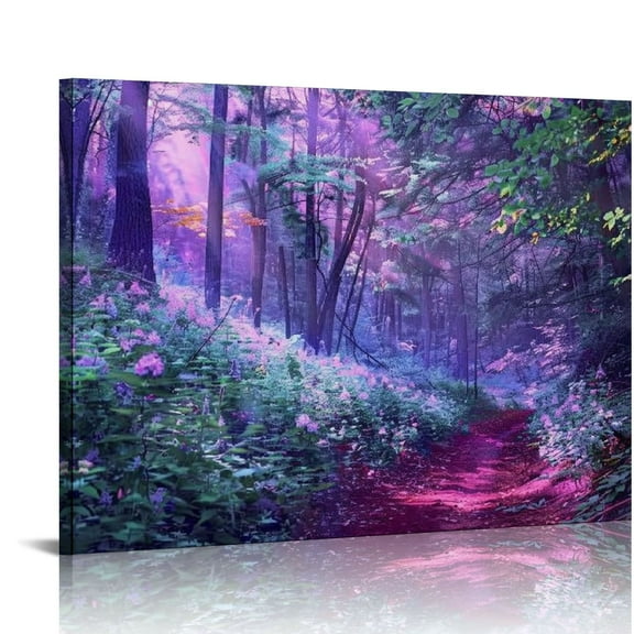 Pratyus Purple Flowers Trees Forest Canvas Wall Art Decor Ready to Hang for Home Room Office Hotel 16x12in