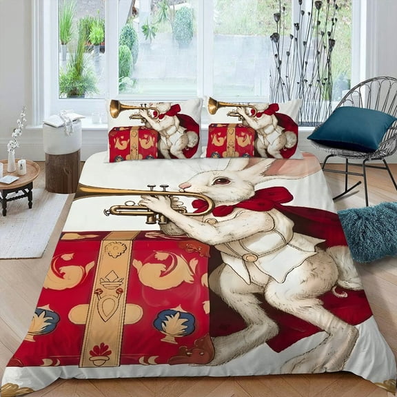 Pratyus Rabbit Theme 3-Piece Bedding Set with Zipper Closure, Single Sided Printing, Soft Peach Skin Fabric, Bedroom Guest Room Decor 87x68in
