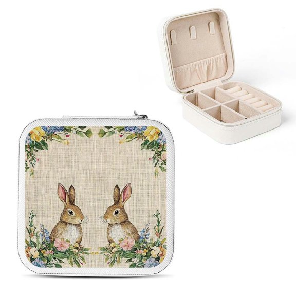 Pratyus Rabbits Floral Frame PU Leather Jewelry Box, Friendship Day Gifts for Necklace, Ring, Earring Set White