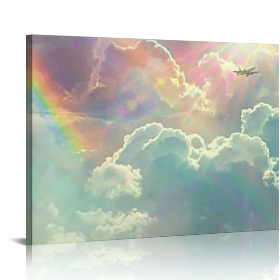 Pratyus Rainbow Clouds Plane Canvas Art Modern Prints Wall Decor for Home Office Salon 16x12in