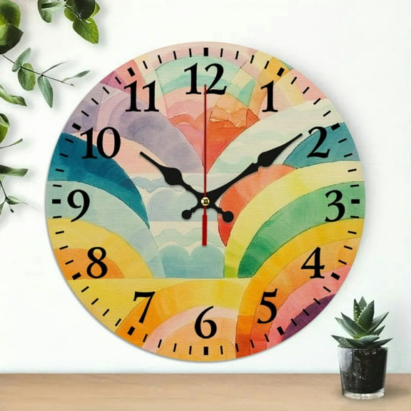 Pratyus Rainbow Colors Circles Lines Theme 10 Inch Round Wooden Wall Clock for Home Decor, Perfect for Living Rooms, Kitchens, Dorms 10x10in