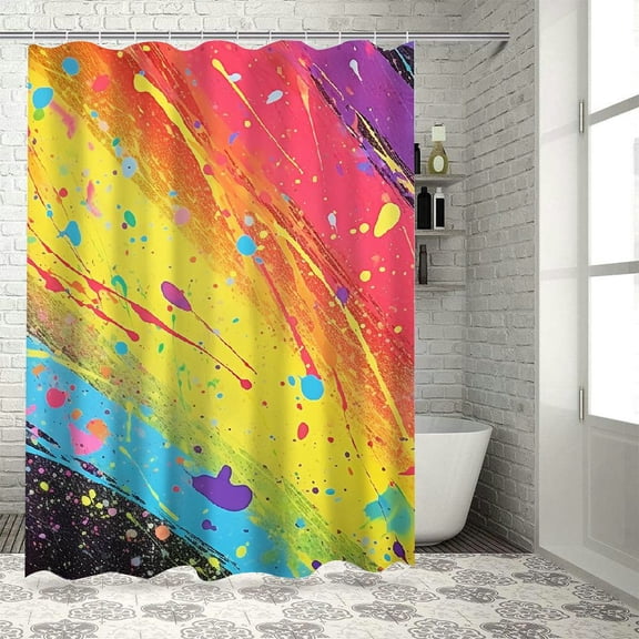 Pratyus Rainbow Colors Paint Splatter Graffiti Quick-Drying Shower Curtain Set for Bathroom Polyester Fiber Chic Modern Decor with Hooks 36x72