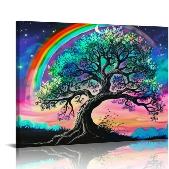Pratyus Rainbow Sky Full Moon Canvas Wall Art Print for Home Decor Ready To Hang Room Office Art Decor Gift Idea 16x12in