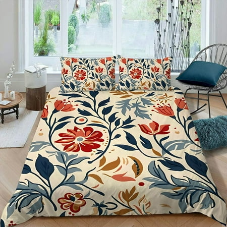 Pratyus Red Flower Fine Foliage Lace 3-Piece Bedding Set with Zipper Closure, Peach Skin Fabric, Bedroom Guest Room Decor 87x68in