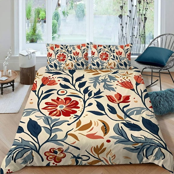 Pratyus Red Flower Fine Foliage Lace 3-Piece Bedding Set with Zipper Closure, Peach Skin Fabric, Bedroom Guest Room Decor 87x68in