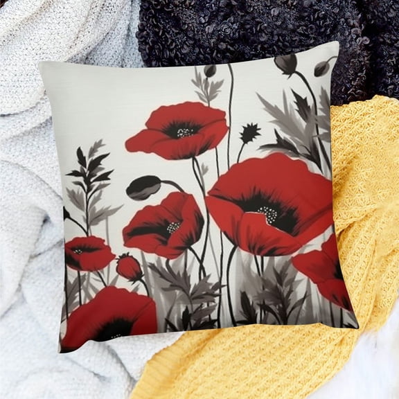 Pratyus Red Flowers Throw Pillow Cover for Home Sofa Couch Decor, Set of 1 Linen Cushion Case 18x18in