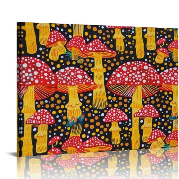 Pratyus Red Mushroom Dots Canvas Wall Decor for Bathroom and Home - Ideal for Living Room, Bedroom, Office, Hotel - Ready To Hang Art 20x16in