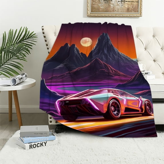 Pratyus Retrofuturistic Car Print Flannel Throw Blanket for All Seasons - Lightweight and Cozy Blanket for Bed, Tapestry, Picnics, Yoga - Perfect Gift Idea 60x80in